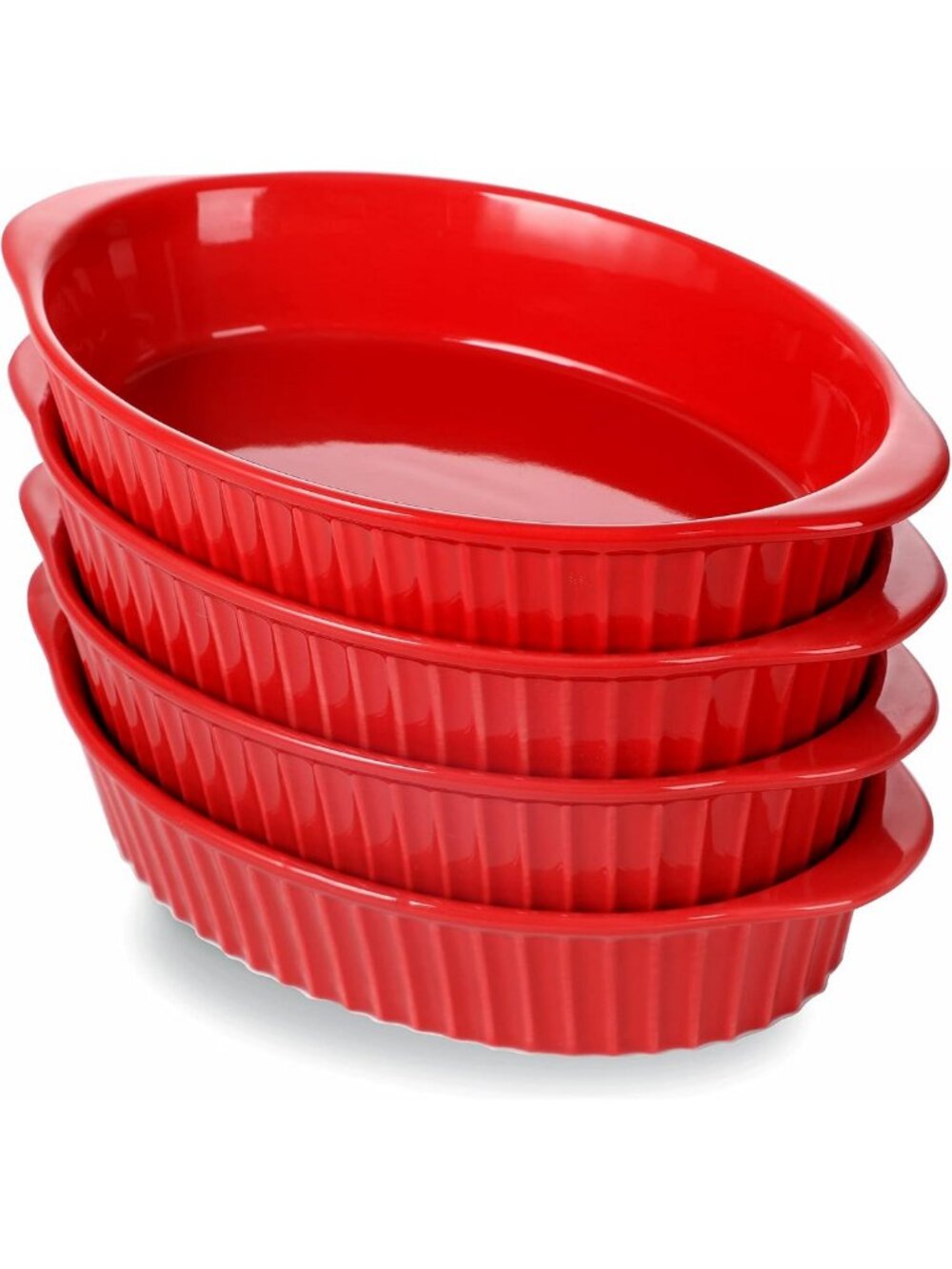 Set of 4 Small Oval Au Gratin Pans - Porcelain Bakeware with Double Handles, Red